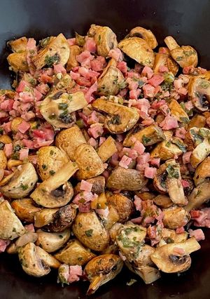 Una foto de Champiñones con jamón en freidora de aire (Airfryer)