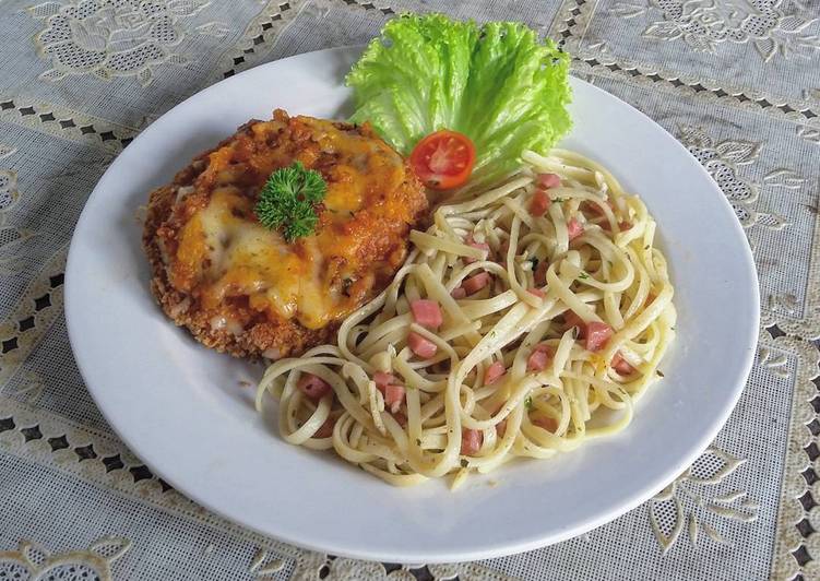 Chicken Parmigiana with fettucinne aglio e olio