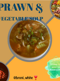 A picture of Prawn and vegetable soup.