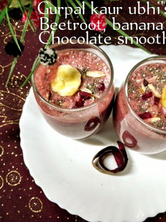 A picture of Beetroot, banana chocolate smoothie 🍌🌰🥤.