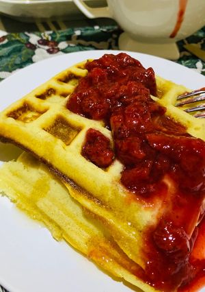 A picture of Halloween Waffles and Strawberry Sauce.