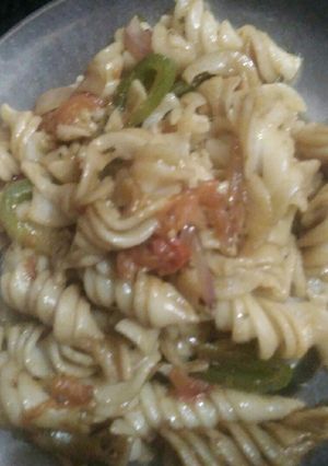 A picture of Macaroni with lots of veggies.