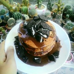 Coffee pancakes &chocolate sauce A picture of Coffee pancakes &chocolate sauce.