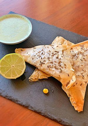 A picture of Sweet Corn and Feta Samosas.