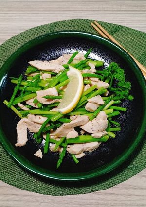 Hình của món Măng tây xào ức gà.