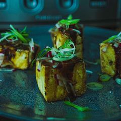 A picture of Agedashi Tofu in miso sauce.