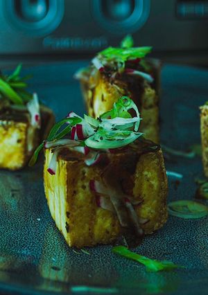 A picture of Agedashi Tofu in miso sauce.