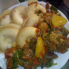 A picture of ..Semovita Masa with vegetable sauce.