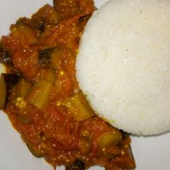 A picture of Eggplants curry and saltboiled rice #Author marathon.