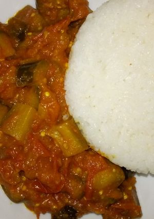 A picture of Eggplants curry and saltboiled rice #Author marathon.