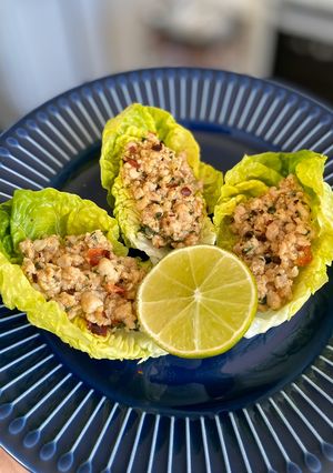 A picture of Larb Chicken in lettuce cups#EATTHAIVISITTHAI.