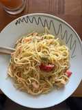 Spaghetti aux légumes saumon