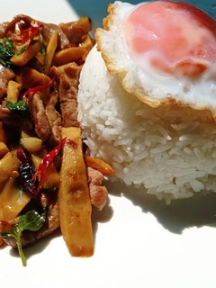 A picture of Stir-Fried Pork with Bamboo Shoots and Basil with Fried Egg.