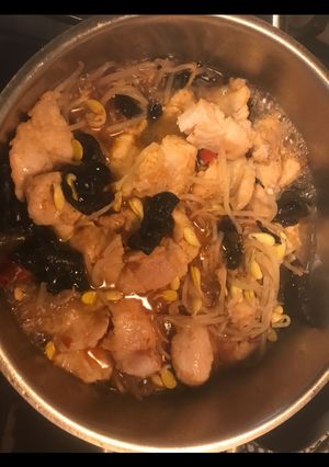 A picture of Fish with black fungus and soy bean sprouts.