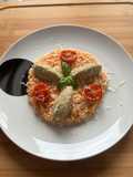 #597 Risotto with Tomato, Eggplant Quenelle, and Grilled Cherry Tomatoes 🍚🍆🍅