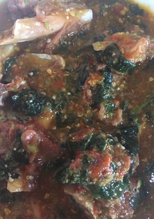 A picture of Okra soup with ugu n beef.