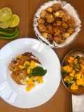 Pancakes with oats crusted paneer and mango salsa