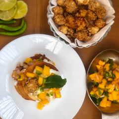 Pancakes with oats crusted paneer and mango salsa A picture of Pancakes with oats crusted paneer and mango salsa.