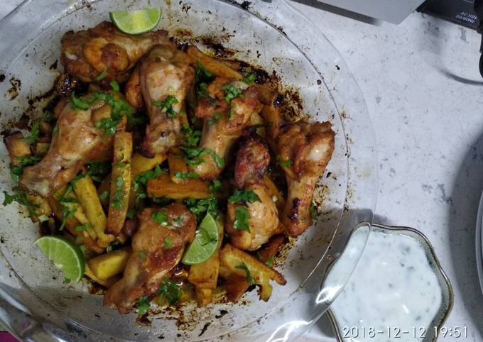 Steps to Prepare Ultimate Spicy chicken wings sweet potato wedges coriander n lime yogurt
