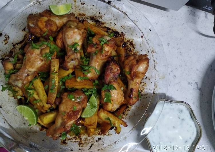 Steps to Make Favorite Spicy chicken wings sweet potato wedges coriander n lime yogurt