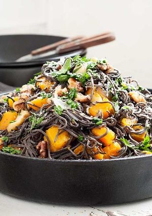 A picture of Roast Pumpkin, Avocado, Feta & Black Bean Spaghetti.