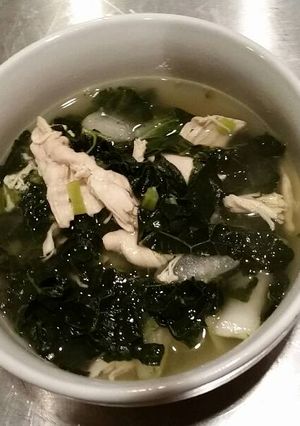 A picture of Super Soup Chicken, kale, bok choy soup.