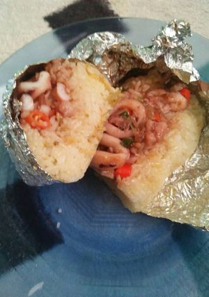 Foto resep Nasi bakar seafood pedas manis (alumunium voil)