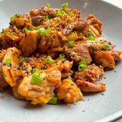 A picture of Asian/Middle eastern inspired gochujang tahini chicken.