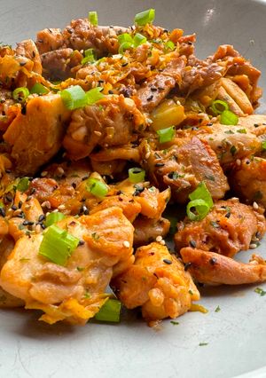 A picture of Asian/Middle eastern inspired gochujang tahini chicken.