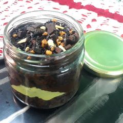 A picture of Chocolate Cake in a jar.