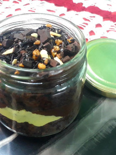 A picture of Chocolate Cake in a jar.