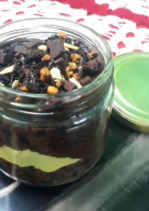 A picture of Chocolate Cake in a jar.