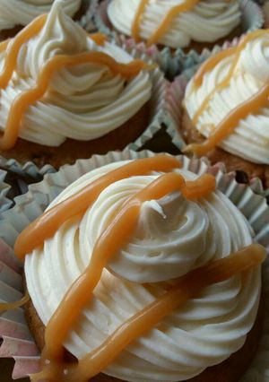 A picture of Vickys Banana Butterscotch Cupcakes, GF DF EF SF NF.