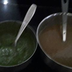 A picture of Mint Coriander chutney and Khajoor Imli Chutney.