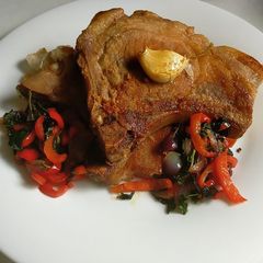 A picture of Must Try Dish! Gordon Ramsay's Pork Chop w/ Red Bell Peppers on the Side!.