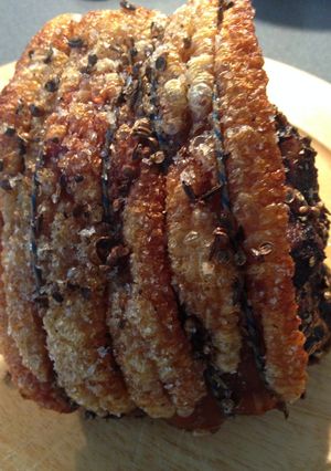 A picture of Roast Pork with Crispy Crackling and Apple Sauce.