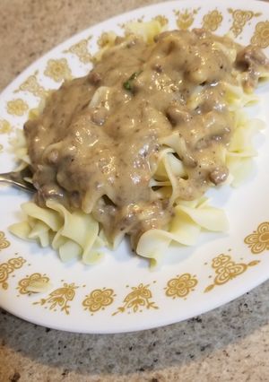 A picture of Beef Stroganoff & Egg Noodles.