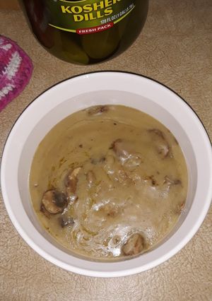 A picture of Liquid Chicken Fat Gravy W/Portabella Mushrooms.