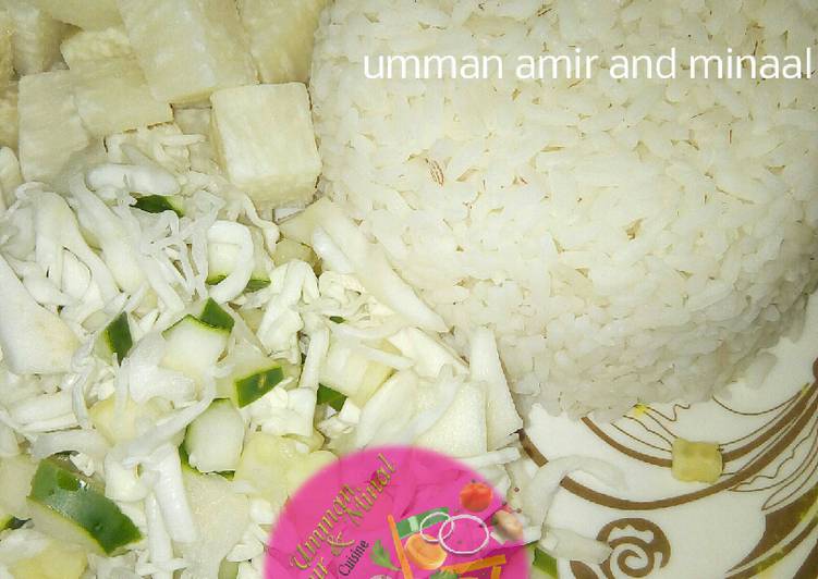 White rice, yam and cabbage with cucumber