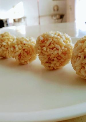 A picture of Murmura Ladoo (puffed rice).