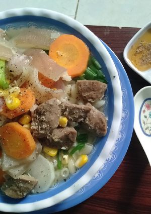 Hình của món Nui bò viên nấu với da heo.