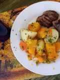 Churrasquitos calabaza, papa, zanahoria y caldo de verduras