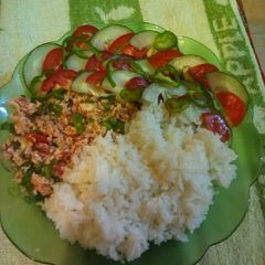 A picture of Steamed rice with scrambled eggs and cucumber salad.