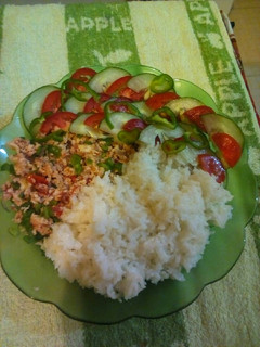 A picture of Steamed rice with scrambled eggs and cucumber salad.