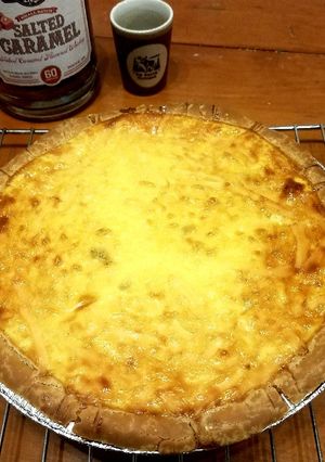 A picture of Xmas Quiche and tenn salted Carmel whiskey.