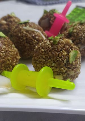 A picture of Til Peanuts and Coconut Chikki Balls.