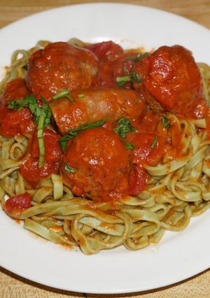 A picture of Vegetable Fettuccine with Meatballs and Homemade Chorizo, Jon Style.