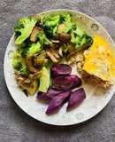 Trứng hấp thịt băm, broccoli+nấm xào, khoai lang nướng(eatclean)