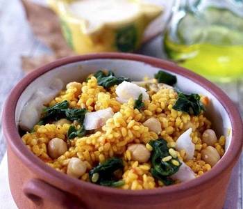 Fresh, Cooking Recipe Rice casserole with spinach chickpeas and cod Savory Delicious