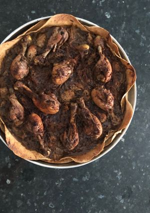 A picture of Baked Mussakhan on bread.